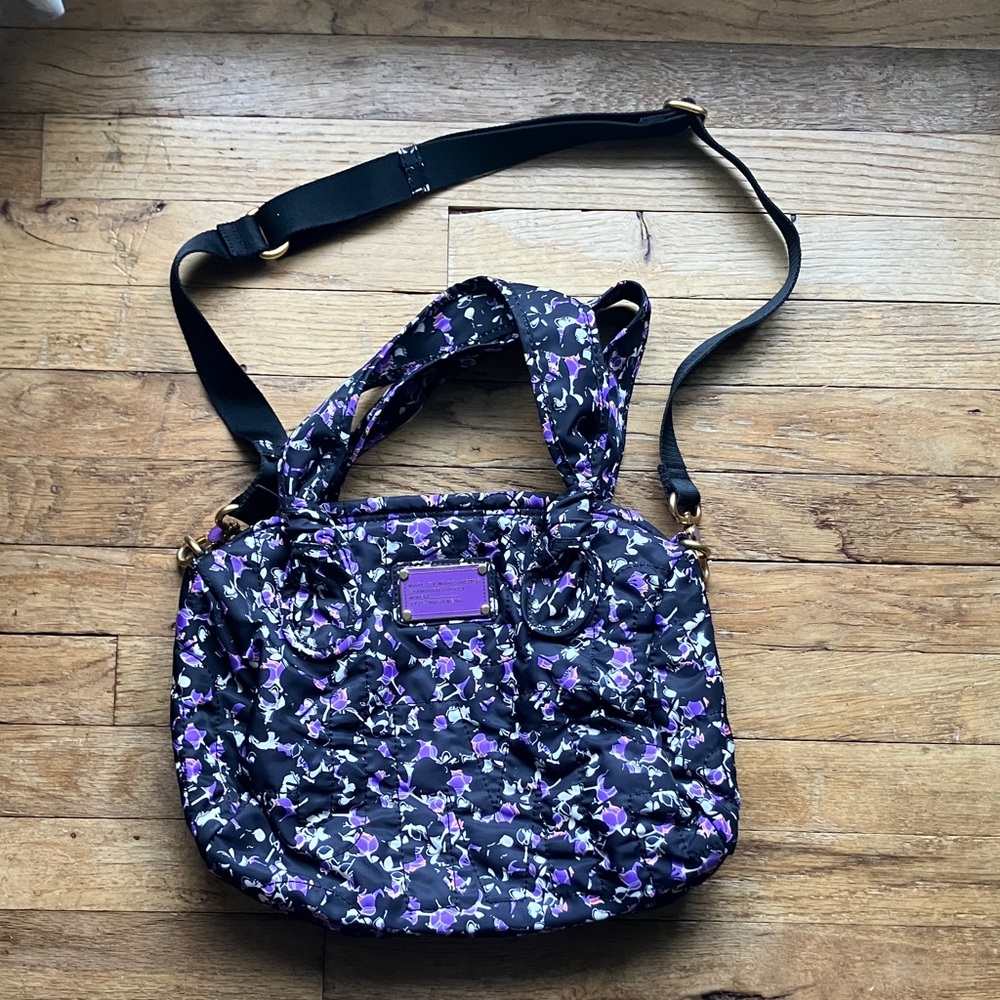 Marc Jacobs Black Quilted Shoulder Bag with Purple Floral Print